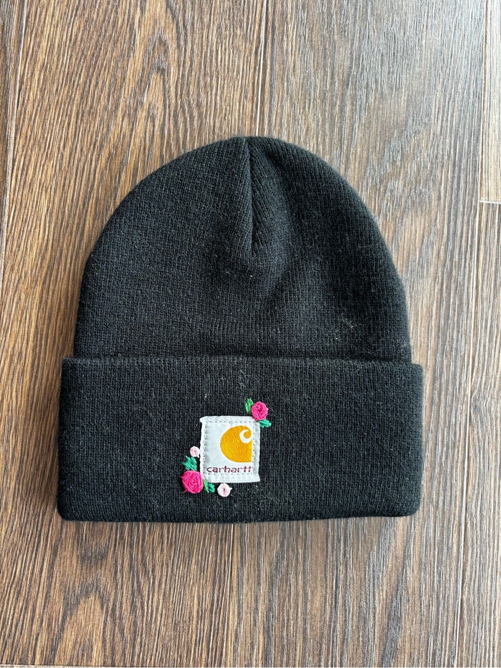 Carhartt Kids Black Cuffed Beanie with Floral Logo Patch
